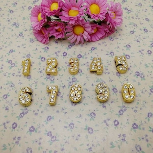 10/100 Pcs Gold Color Imitate Diamond Crystal Rhinestone Slider Uppercase Arabic Numerals Number Bead Charm Handmade Jewelry Finding BM0660