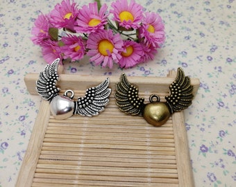 6/20 Pieces Metal heart wing Pendant Necklace Earring Keychain Charm , Handmade Craft Jewelry DIY Finding Antique Bronze Silver Color BM0423