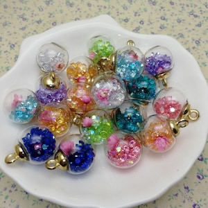 clear glass globe ball pendant charm bubble earring necklace finding with resin plastic cap , mix color glitter zircon flower inside BG0034