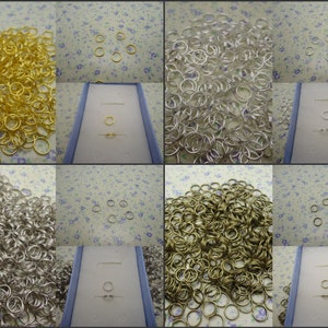 May include: A collage of six images showing different quantities of gold, silver, and bronze jump rings. The jump rings are arranged in piles and in small groups on a white background with a floral pattern.