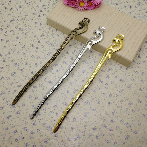 2/10 Pcs Metal Phoenix Bird Hair Fork Pin Stick Pick Band Hairpin Headband Accessory Antique Bronze Silver Gold Color Bookmark Charm BM0706