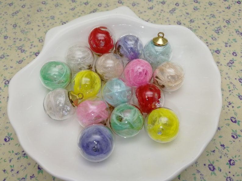 mix color glitter zircon and feather inside BP234 10pcs clear glass globe ball pendant bubble earring charm with crystal resin plastic cap
