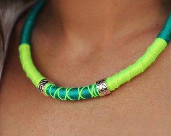 African zulu Neon Statment necklace for festival  Unique Gifts for girl  cotton rope jewelry colorful necklace for summer mood and spirit