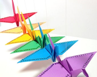 Origami Ornaments, Hanging Origami Cranes, Party Favors, Origami Cranes, Rainbow Colors, Origami Decorations, Sweet 16 Party Favors