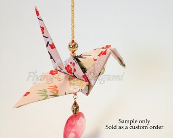 Teachers Gift, Origami Crane Ornament, Origami Cranes, Japanese Cranes, Pink Origami Ornament, Japanese Decoration, Beaded Sun Catcher