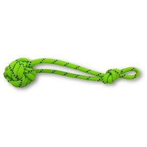 May include: A green rope toy with a knotted ball on one end. The rope is black and green.