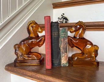 Horse Bookends, Amber Glass Horse Bookends, Horse Bookend, Amber Glass, Amber Glass Bookends, Horse, Equestrian, Horse Decor, Horse Lover