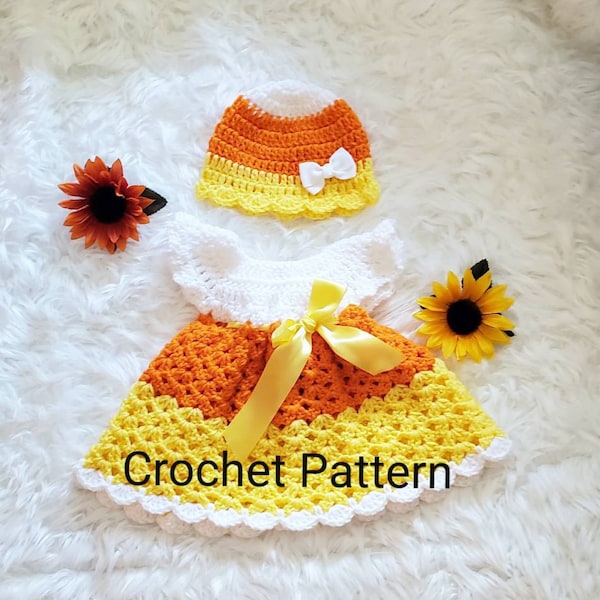 Candy Corn Dress Pattern, Crochet candy Corn Dress, Crochet Halloween Coustume, crochet girl dress pattern,sizes 0-3 to 12 months