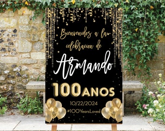 100th Birthday Welcome Sign, Spanish 100 Anos Birthday Sign, Black Gold, Gold Confetti, 100th Celebracion, 100th Banner Printable, Goldie