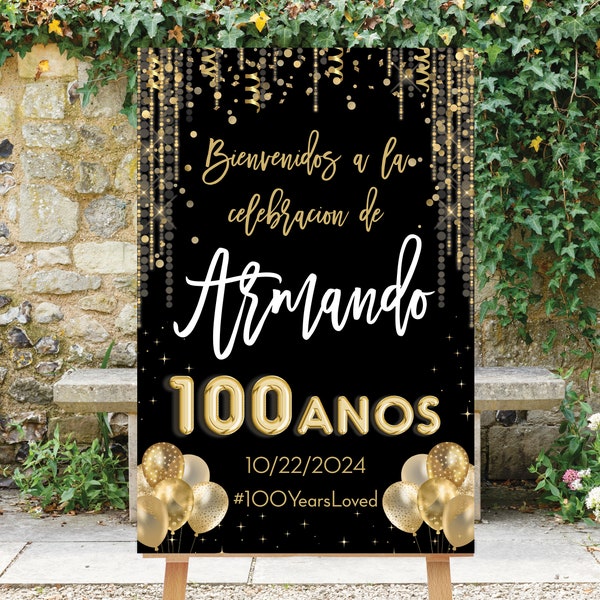 100th Birthday Welcome Sign, Spanish 100 Anos Birthday Sign, Black Gold, Gold Confetti, 100th Celebracion, 100th Banner Printable, Goldie