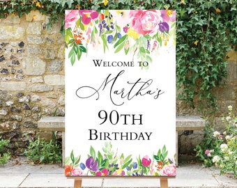 90th Birthday Sign, Birthday Welcome Sign, 90th Birthday Decor, Custom Welcome Board, 90th Decorations, Floral Birthday Sign, Flowers, 80th