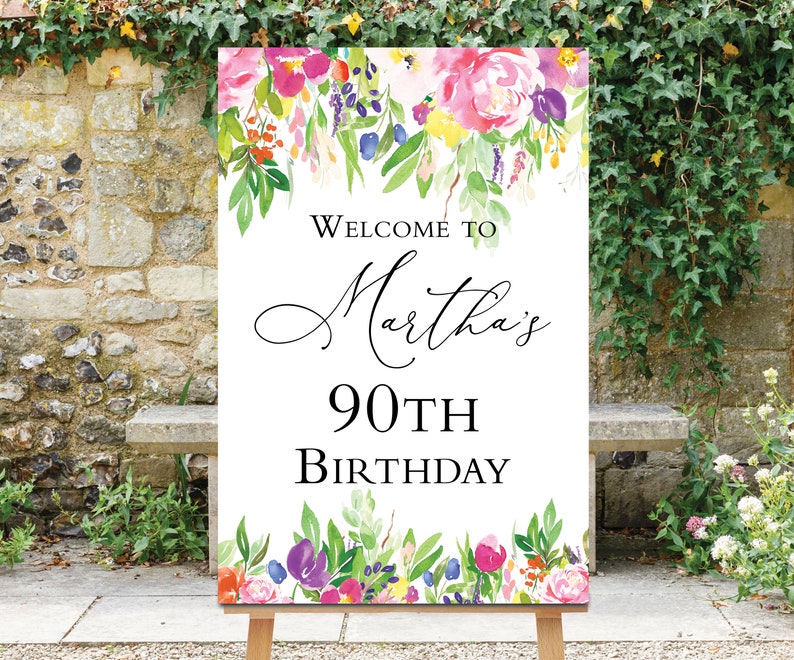 90th Birthday Sign, Birthday Welcome Sign, 90th Birthday Decor, Custom Welcome Board, 90th Decorations, Floral Birthday Sign, Flowers, 80th image 1