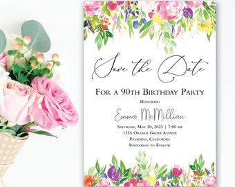 Save the Date Card, 90th Birthday, Floral Save the Date, Birthday Party, Flowers Save the Date, 80th Birthday Party Save Date, Printable