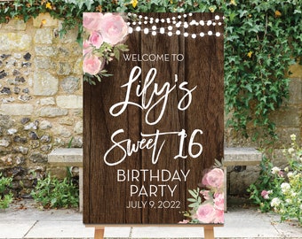 Sweet 16 Birthday Welcome Sign, 16th Birthday Party Sign, Blush Pink Flowers, Wood Rustic Sign, String Lights, Sweet Sixteen, Garland, Abby