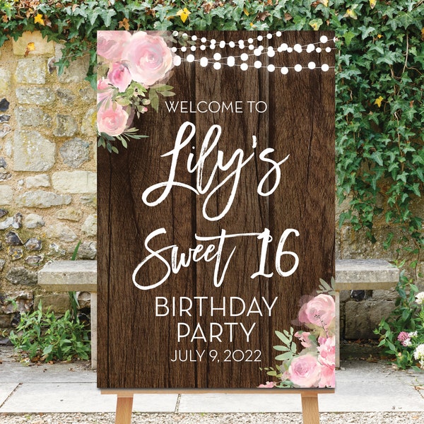 Sweet 16 Birthday Welcome Sign, 16th Birthday Party Sign, Blush Pink Flowers, Wood Rustic Sign, String Lights, Sweet Sixteen, Garland, Abby