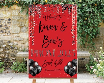 Personalized Prom Send-Off Sign: Black, Red, Silver (Digital Printable), 2026 Prom Party Sign