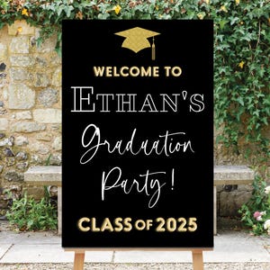 Grad Party Sign, Graduation Sign, Grad Party Decor, Class of 2025, Black Gold Printable, Gold Balloons, Graduation Celebration