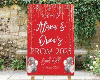 Prom Send Off Party Sign, Red Prom Send-Off Welcome Sign, Prom 2026, Silver Confetti Printable, Personalized, Prom Decor, Digital Prom Sign