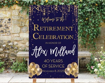 Retirement Party Welcome Sign, Retirement Dinner, Personalized, Printable, Blue Retirement Sign, Blue and Gold Sign, Decoration, Goldie