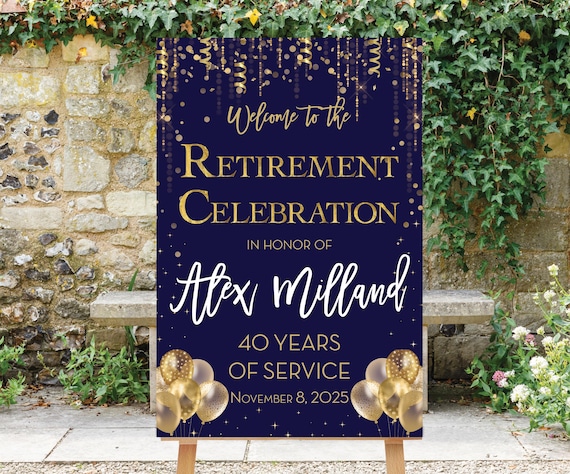 Retirement Party Welcome Sign, Retirement Dinner, Personalized, Printable, Blue Retirement Sign, Blue and Gold Sign, Decoration, Goldie