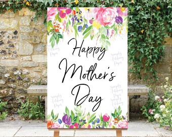 Mother's Day Sign, Happy Mother's Day Sign, INSTANT DOWNLOAD, Floral Sign, Pink Flowers, Printable Mothers Day Sign, Large Sign, Pink Floral