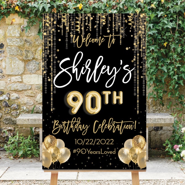 Signe de bienvenue d’anniversaire, signe du 90e anniversaire, or noir, confettis dorés, ballons, décor du 90e anniversaire, signe du 80e anniversaire, imprimable, Goldie