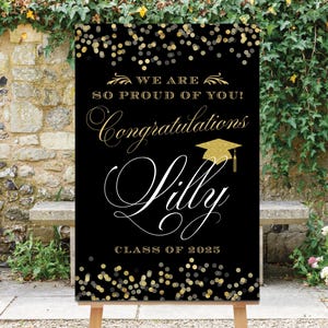 Graduation Sign, Congratulations Sign, Class of 2025, Grad Party Sign, Black Gold Printable Decor, Confetti, Gold Glitter, Grad Party Rene
