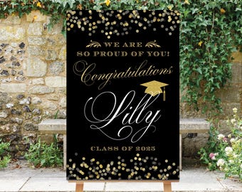 Graduation Sign, Congratulations Sign, Class of 2025, Grad Party Sign, Black Gold Printable Decor, Confetti, Gold Glitter, Grad Party Rene
