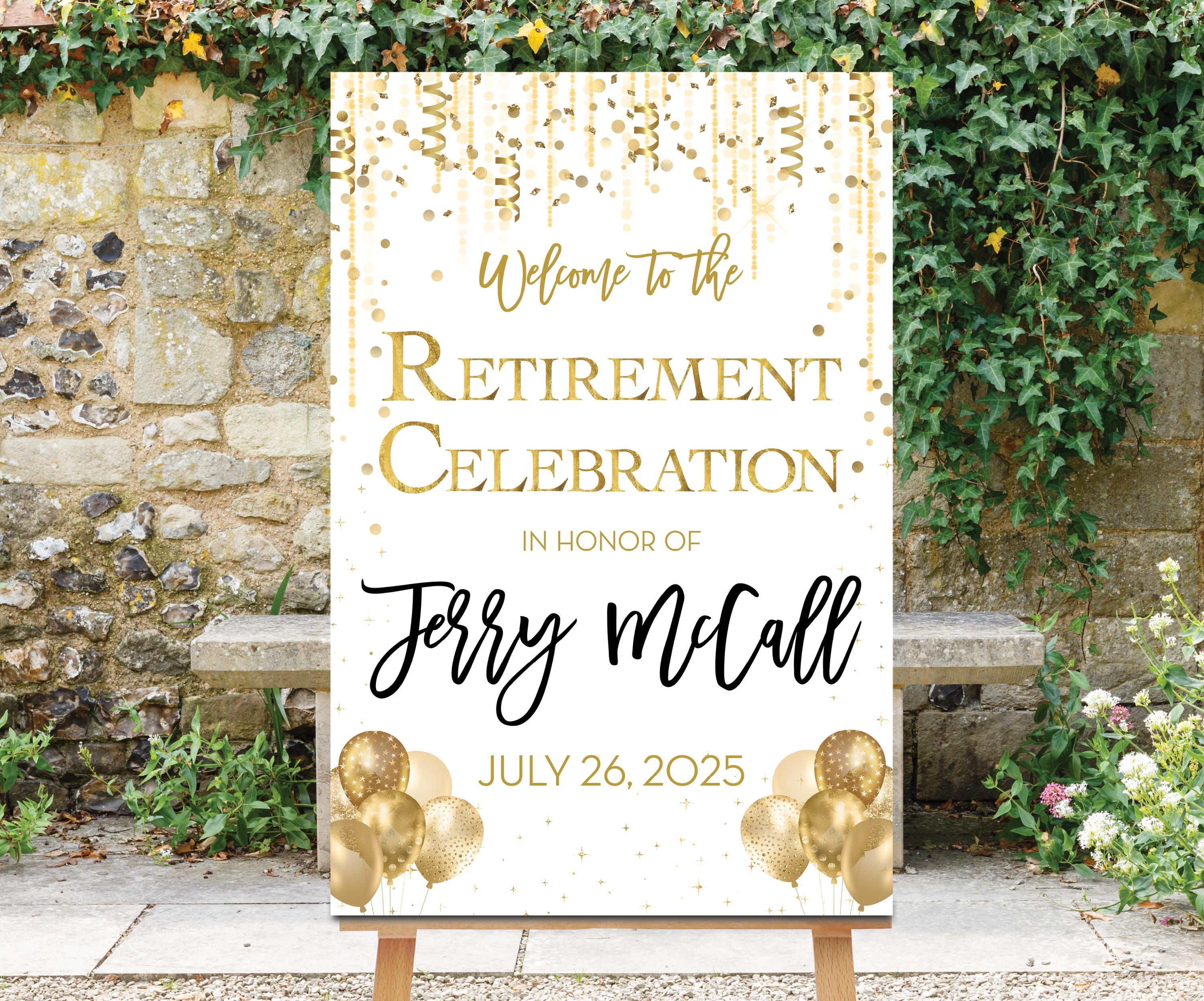 Retirement Party Welcome Sign, Gold Decor, Retirement Dinner Decor, Personalized, Printable, Retirement Sign, White and Gold Sign, Goldie