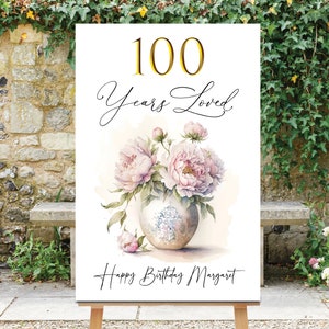 100 Jahre Geburtstag Willkommensschild: Pinke Pfingstrosen im Blumendekor (PDF & JPG)