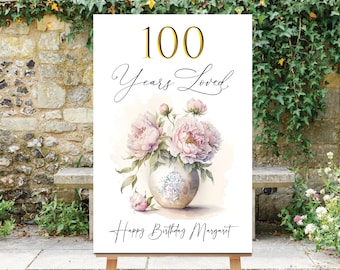 100 Years Loved Sign, Birthday Welcome Sign, 100th Birthday Decor, 100th Decorations, Floral Birthday Sign, Blush Pink Peonies, Printable