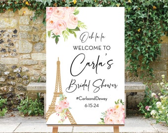 Paris Themed Bridal Shower Sign, France Theme, Paris Sign Printable, French Decor, Gold Eiffel Tower, Pink Flowers, French Themed Shower