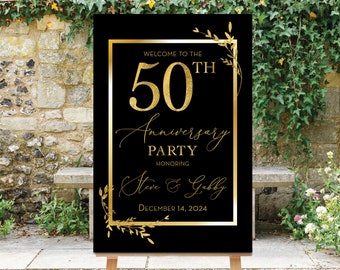 Anniversary Welcome Sign, 50th Anniversary, Black Gold Sign, Gold Leaves, Gold Foliage, Golden Anniversary Party, Golden Sign, Printable