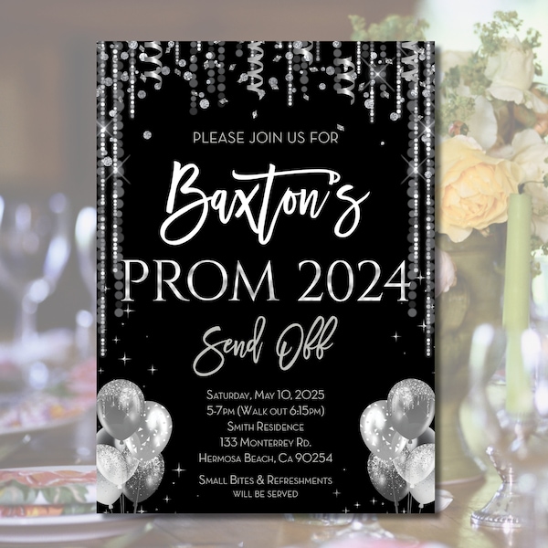 Prom Send Off Invitation, Black Silver Invite, Prom Party Invitation, Personalized, Printable, Prom Night Invitation, 5x7 Silvie