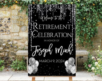 Retirement Party Welcome Sign, Black Silver Sign, Retirement Dinner, Personalized, Printable, Retirement Sign, Silver Decoration, Silvie