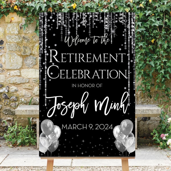 Retirement Party Welcome Sign, Black Silver Sign, Retirement Dinner, Personalized, Printable, Retirement Sign, Silver Decoration, Silvie