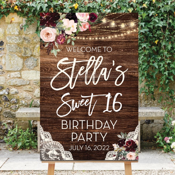 Rustic Sweet 16 Birthday Welcome Sign, Printable Birthday Party Sign, Pink Marsala Floral, Wood, String Lights, Sweet Sixteen, Lace, Olivia