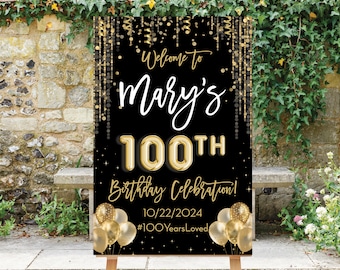 100th Birthday Welcome Sign, 100th Birthday Party, Black Gold, Gold Confetti, Balloons, 100th Birthday Decor, 100th Banner Printable, Goldie