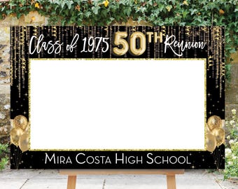 Reunion Photo Prop, 50th High School Reunion, Photo Booth Frame, 50th Reunion Sign, Selfie Frame, 30th, 40th, Black Gold, Printable, Goldie