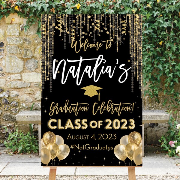 Graduation Welcome Sign, Black Gold Graduation, 2023 College Grad Party, Gold Confetti Printable, Class of 2023, Grad Party Decor, Goldie