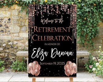 Retirement Party Welcome Sign, Black Rose Gold Decor, Retirement Dinner, Personalized Printable, Retirement Sign, Black Rose Gold Sign