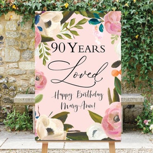 Floral 90th Birthday Welcome Sign: Pink Flowers Decor (PDF & JPG)