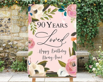 90 Years Loved Sign, Floral Birthday Sign, Pink Birthday Welcome Sign, 90th Birthday Decor, Floral Birthday Sign, 90th Decorations, Flowers