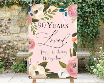 90 Years Loved, 90th Welcome Sign, Printable Signage, Pink Birthday Party, Birthday Poster, Floral, Mom Birthday Party Decor, Birthday Sign