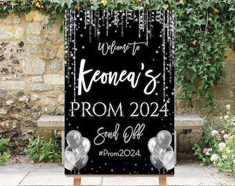Prom Send Off Party Sign, Prom Send-Off Welcome Sign, Prom 2024 Sign, Silver Confetti Printable, Personalized, Prom Decor, One Name, Silvie