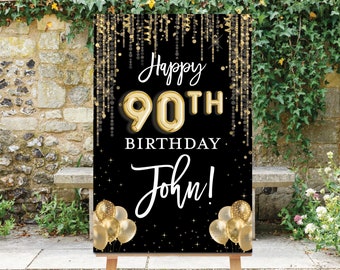 Happy 90th Birthday Sign, 80th 90th 100th Birthday, Black Gold, Gold Confetti, Balloons, 90th Birthday Decor, Customized, Printable, Goldie