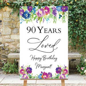 90 Years Loved Sign, Birthday Welcome Sign, 90th Birthday Decor, Custom Birthday Board, 90th Sign, Floral Birthday Sign, Purple Flowers