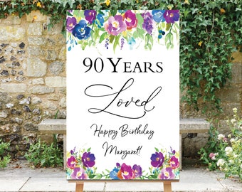 90 Years Loved Sign, Birthday Welcome Sign, 90th Birthday Decor, Custom Birthday Board, 90th Sign, Floral Birthday Sign, Purple Flowers