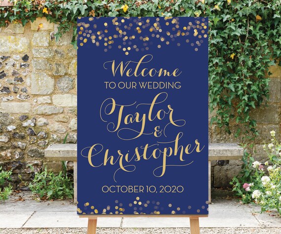 Wedding Welcome Sign Navy Blue And Gold Printable Wedding Etsy