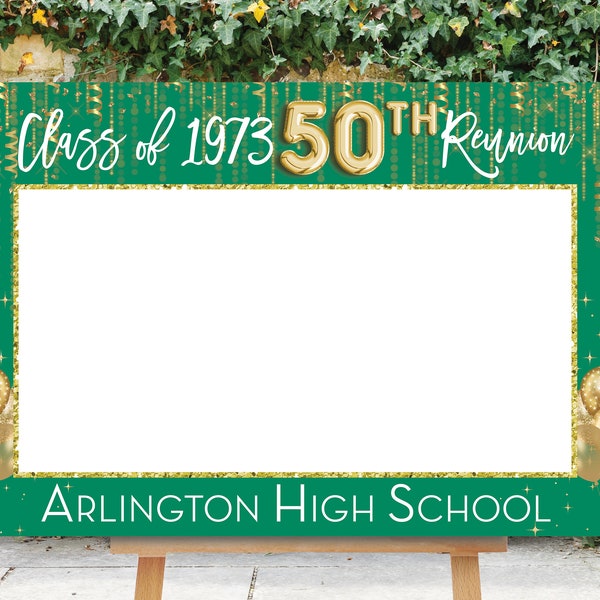 Reunion Photo Prop, Green High School Reunion, Photo Booth Frame, 20th Reunion Sign, Selfie Frame, 30th, 40th, 50th, Green Gold, Printable